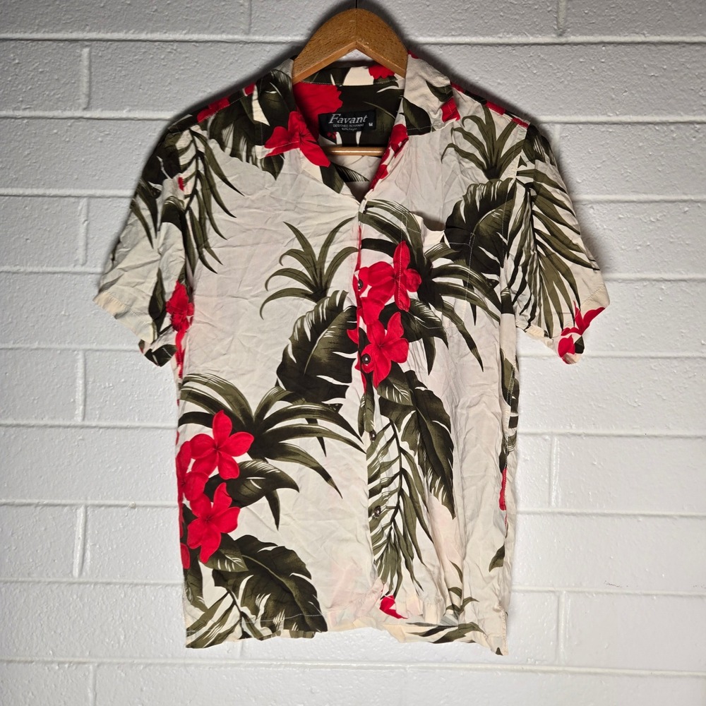 Favant Hawaiian Shirt Mens Medium Hibiscus Floral Rayon Aloha Coconut Resort